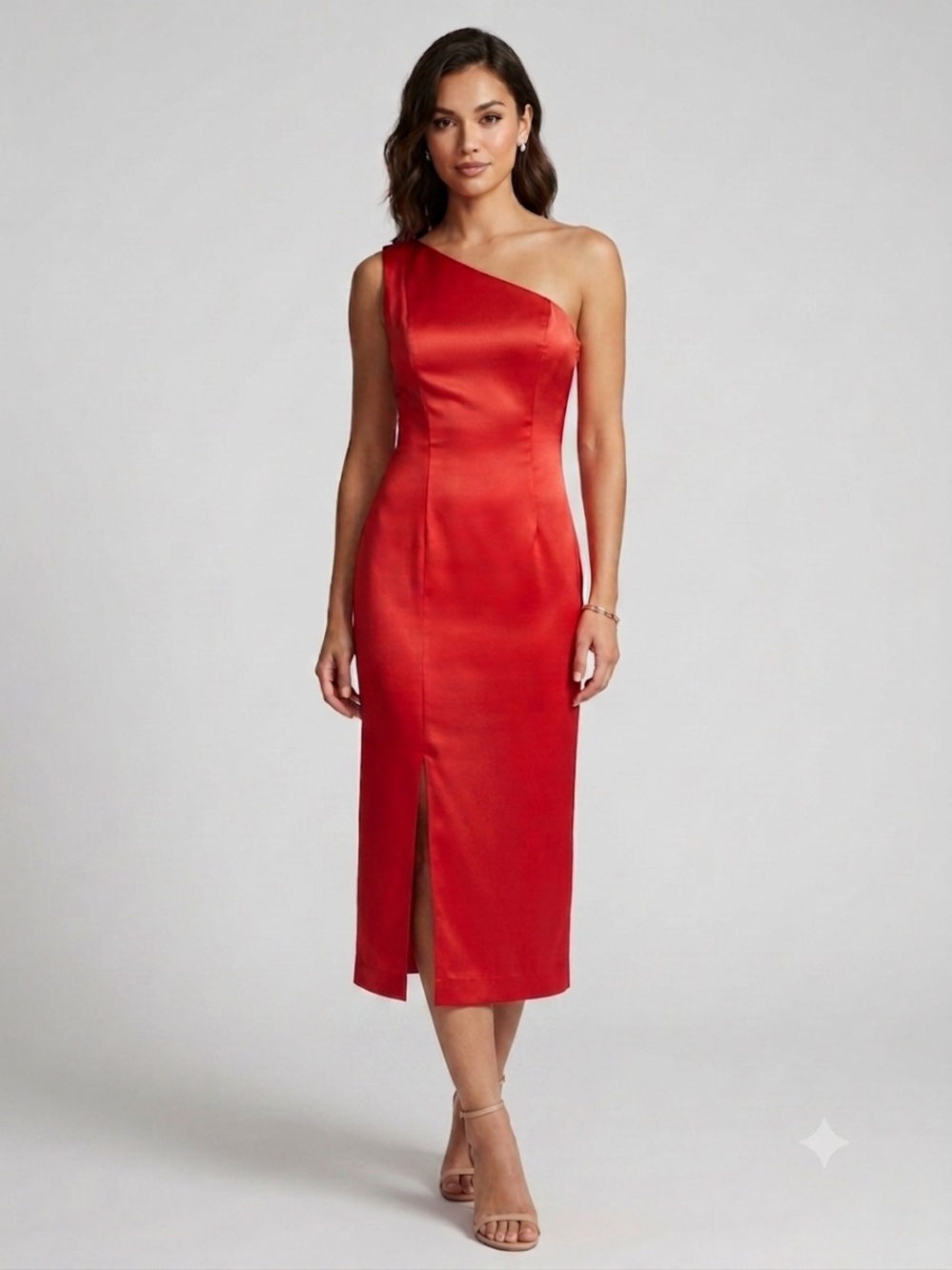 Red-Orange Satin One Shoulder Midi Dress Women's Cocktail Formal Event Side Slit